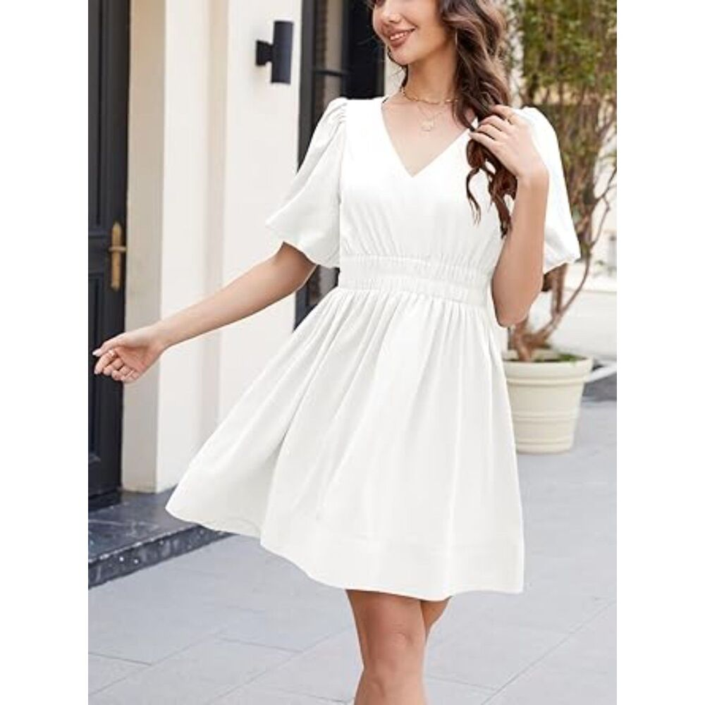 Puff Sleeve V Neck A Line Elastic High Waist Flowy Dress, MEDIUM, 9D-137D003